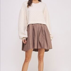 Jade by Jane Quilted Diamond Colorblock Babydoll Mini Dress Cream Taupe Size S/M